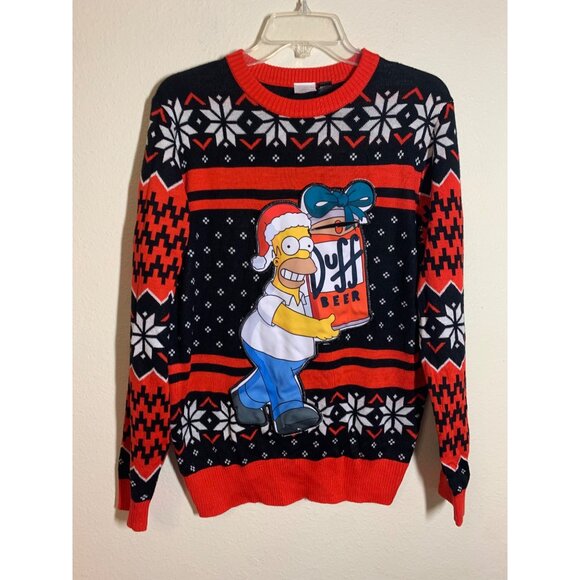 Homer Simpson Ugly Christmas Sweater Duff Beer Red Black Y2K Retro Men's Medium - Picture 1 of 7